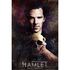 a man holding a skull in front of his face with the words hamlet written on it