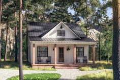 a small white house surrounded by trees and grass