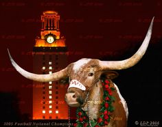 the bull is wearing a wreath around its neck and bell tower in the back ground