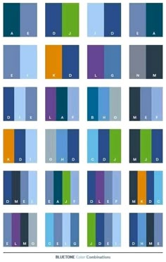 blue and green color palettes with the names in different colors, including one for each