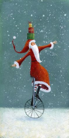 an orange and white santa clause riding on top of a bike with presents on it