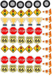 a set of stickers with different types of traffic signs and cars on them, including the number 66