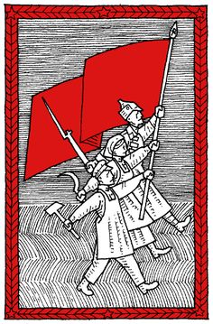 a drawing of a man holding a red flag