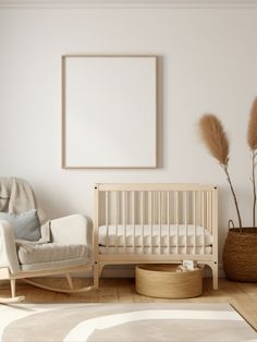 a baby's room with a crib, rocking chair and potted plant