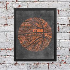 an orange and black basketball ball on a brick wall with the word ethan written in different languages