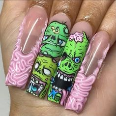 Halloween Nails Zombie, Zombie Nail Designs, Zombie Nails Halloween, Horror Themed Nails, Gore Nails, Horror Nails, Holloween Nails, Halloween Acrylic Nails