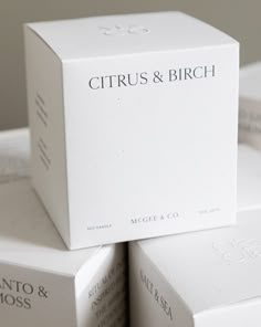 three boxes stacked on top of each other with the words citrus and birch