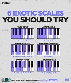 six piano keys with the words 6 exotic scales you should try