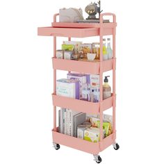 a pink cart with three shelves filled with items