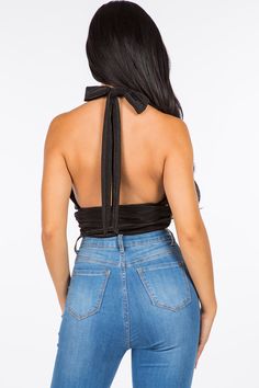 A crop top featuring a back-tie halter strap that crosses at the neck, fitted bodice, cropped length and luxe plisse fabrication.Fabric: 100% Polyester Made in: Los Angeles, USA Size Bust Waist Hips XS 32 24 - 25 33 - 34 S 34 - 35 26 - 27 35 - 36 M 36 - 37 28 - 29 38 - 40 L 38 - 39 30 - 31 42 - 44 Chic Triangle Halter Top For Party, Summer Multi-way Halter Top For Party, Triangle Halter Top With Tie Back For Night Out, Tie Back Triangle Halter Top For Night Out, Chic Strappy Back Tops For Night Out, Halter Neck Top With Tie Back For Party, Chic Tops With Strappy Back For Night Out, Bow Tie Back Tops For Night Out In Spring, Spring Bow Tie Back Tops For Night Out