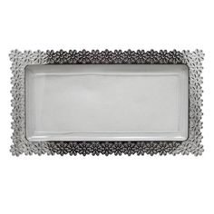 an ornate metal tray with flowers on the edges and silver trimmings, set against a white background