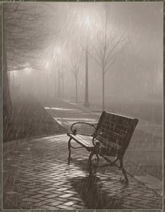 a black and white photo of a bench on a rainy day with the words video show written across it