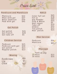 Pedicure Menu Ideas, Nail Knowledge, Decor Nail Salon, Nail Tech Room, Nail Tech Business, Nail Tech Ideas, Nail Salon Prices, Nail Tech School