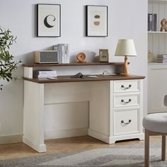 a white desk and chair in a room