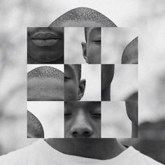 a black and white photo of three men with their faces in the same square pattern