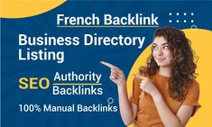 a woman pointing at the top of her business directory listing page, which reads french backlink