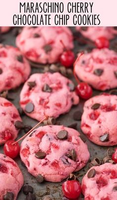 chocolate chip cookies with cherries and chocolate chips in them on a baking sheet, ready to be eaten