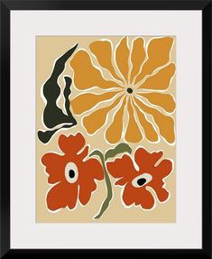 an orange and black flower is shown in a white framed art print on a beige background