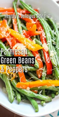 green beans and peppers in a white bowl