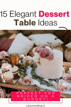 a table topped with a white cake and cupcakes