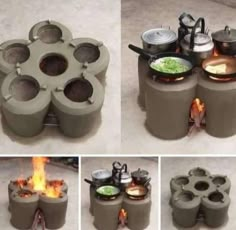 there are many different pots and pans on the fire pit that is built into concrete