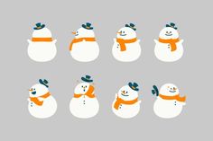 six snowmen with different hats and scarves on their heads, one is wearing an orange scarf