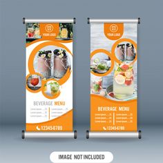 an orange roll up banner with pictures of beverages