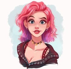 a drawing of a woman with pink hair and piercings on her chest, wearing a black top