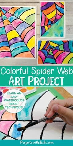 Spider web art project using watercolors, a hand painting the spider web. Watercolor Spider Web, Spider Web Art, Colorful Spider, Halloween Art Projects, Art Project For Kids, Nail Art Halloween, Fall Art Projects