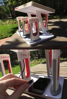 the electronic device charging station is designed to look like it's been built from scratch