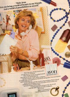 an advertisement for avon featuring a woman in pink shirt and necklaces with jewelry around her neck