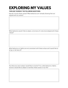 an exploring my value worksheet to help students learn how to use the