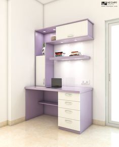 a purple and white desk with shelves on the wall in an empty room that appears to be for someone's work space