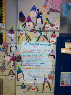 the bulletin board is decorated with paper hats and other things on it's wall