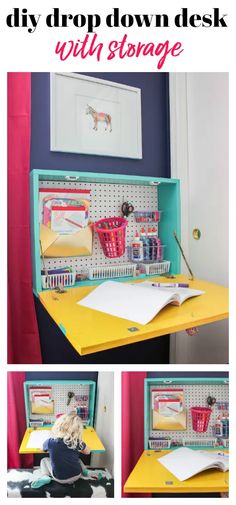 the diy drop down desk with storage is great for small spaces and has lots of space to work on