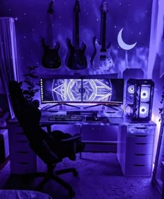 a purple room with guitars on the wall