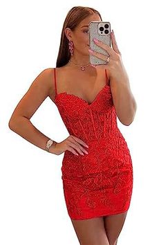 The Spaghetti Strap Applique Bodycon Mini Dress features delicate spaghetti straps and intricate applique detailing, offering a blend of elegance and modern flair. Its bodycon silhouette accentuates the figure, making it a stunning choice for any night out. Prom Dresses Red Short, Red Cocktail Dress Short, Red Prom Dress Short, Red Short Prom Dresses, Red Lace Dress Short, Red Hoco Dresses, Red Short Dress, Homecoming Dresses For Teens, Tight Homecoming Dresses