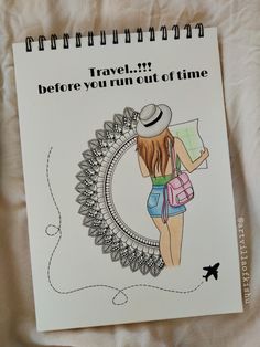 a notebook with a drawing of a girl holding a map