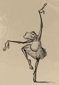 a black and white drawing of a ballerina with her arms up in the air