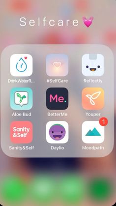 an iphone screen with the text self care on it and icons in pink, blue, green