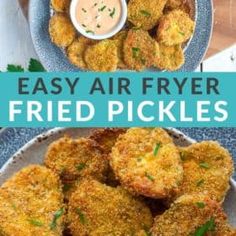 air fryer fried pickles on a plate with ranch dressing and dipping sauce in the background