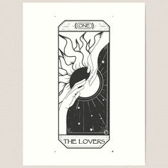 the lovers tarot card art print in black and white with an illustration of a hand holding