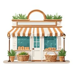 an illustration of a store front with plants and baskets on the outside, including succulents