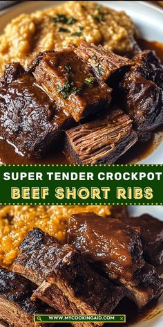 two pictures of beef short ribs with brown gravy