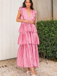 Clara Ruffle Tier Maxi Dress - Dusty Rose - $148 - Free Shipping Chic Pink Tiered Midi Dress, Chic Pink Maxi Dress With Ruffle Hem, Elegant Pink Tiered Midi Dress, Chic Pink Tiered Skirt Dress, Chic Pink Dress With Tiered Skirt, Rose Ruffled Dresses For Summer, Rose Ruffled Summer Dress, Chic Pink Tiered Dress, Chic Rose Dresses For Spring