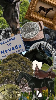 a collage of horses and other things that are in front of a sign saying welcome to nevada