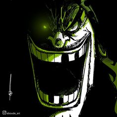 the joker is smiling with his mouth open and glowing green lights in the dark behind him