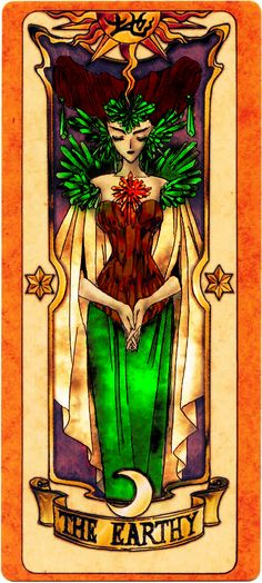 a taroti card with an image of a woman in green dress and leaves on her head