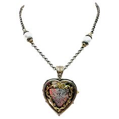 Gorgeous Konstantino Necklace with heart locket pendant / enhancer. the necklace is in 18 k Yellow gold and sterling silver. It features 4 , 8mm pearl stations. The heart pendant / enhancer measures 2 inches by 1.5 inches. The heart is stamped "Konstantino 750 925" on the inside greek lettering on the outside. the total weight of the piece is 47.4 grams. The necklace alone without the pendant retails for $1950.00. This is a gorgeous piece to add to your collection. The front of the locket with t Greek Lettering, Konstantino Jewelry, Necklace With Heart, Roberto Coin, Gold Pearl Necklace, Heart Locket, Jade Pendant, Stunning Necklace, Multi Strand Necklace