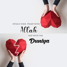 two hands holding up a red heart with the words, attach your heart with alka not with the duniya